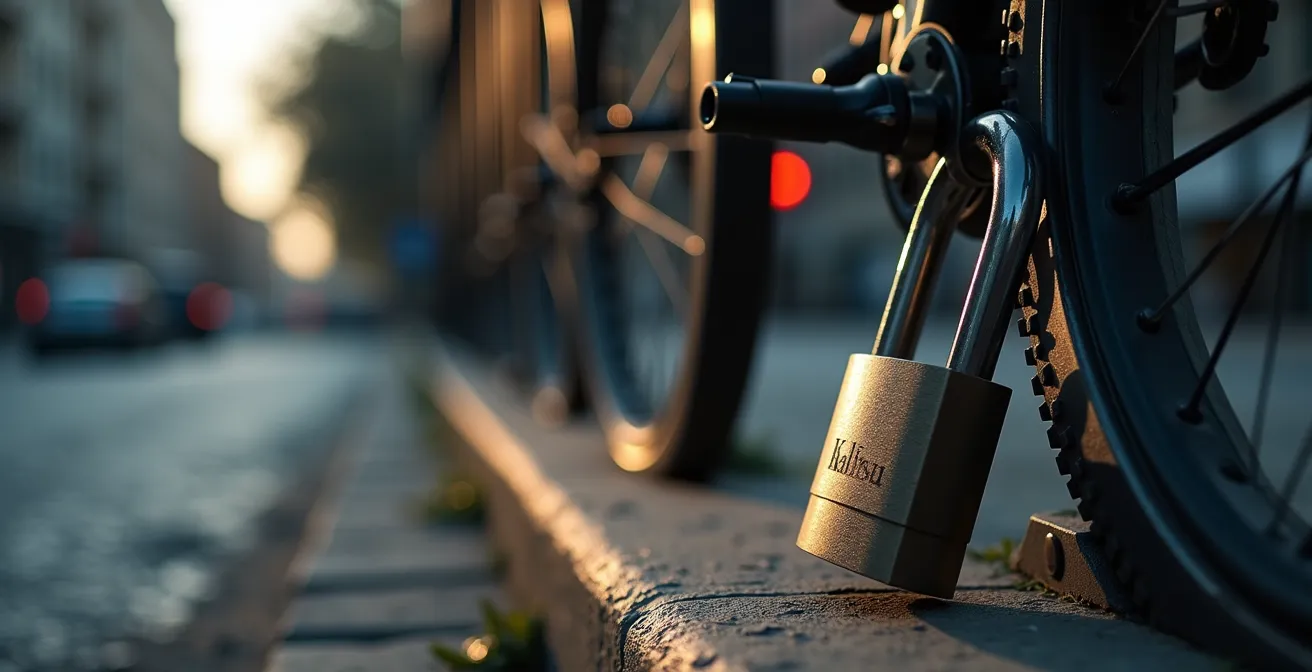 Antivol en U robuste attaché à un vélo dans un environnement urbain