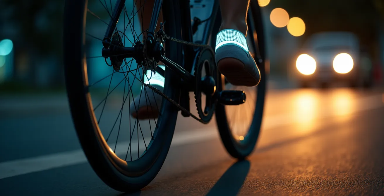 Gros plan sur les chevilles d'un cycliste avec réflecteurs en mouvement de pédalage