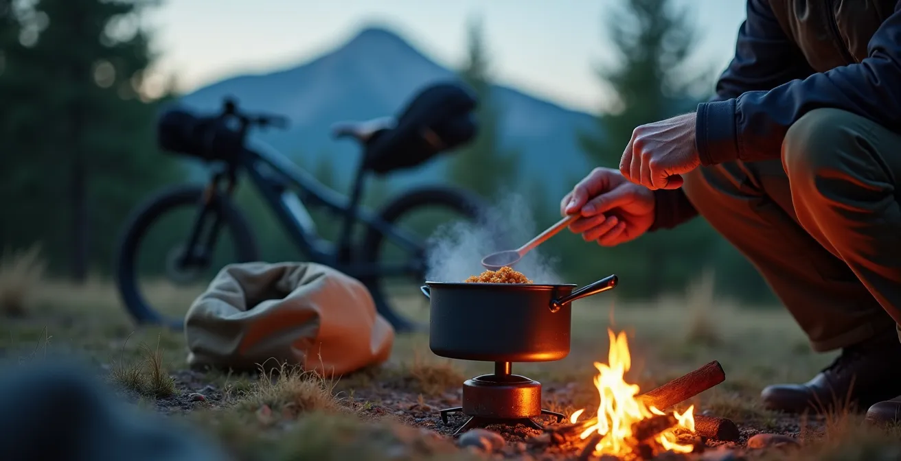 Vélo chargé de sacoches bikepacking posé contre un arbre avec tente ultralight en arrière-plan au crépuscule