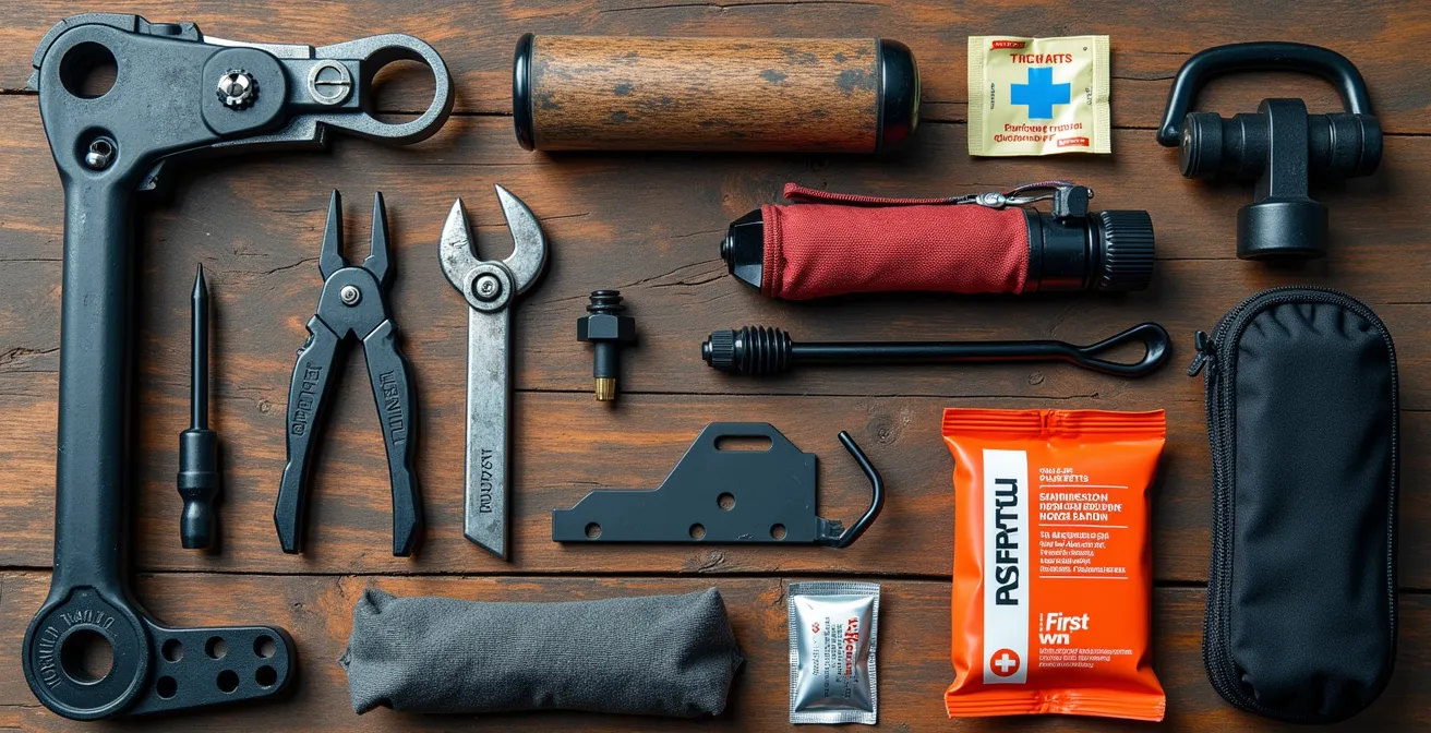 Vue macro détaillée d'équipements de cyclotourisme organisés sur une surface en bois