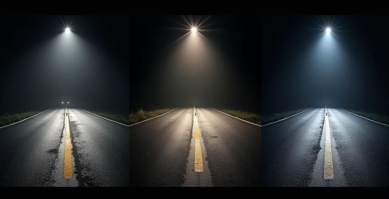 Comparaison visuelle de différents types de faisceaux d'éclairage vélo sur une route sombre et humide.
