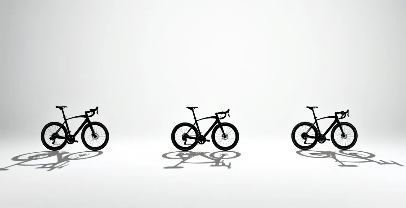 Vue latérale comparative de trois positions de selle différentes sur vélo avec angles biomécaniques