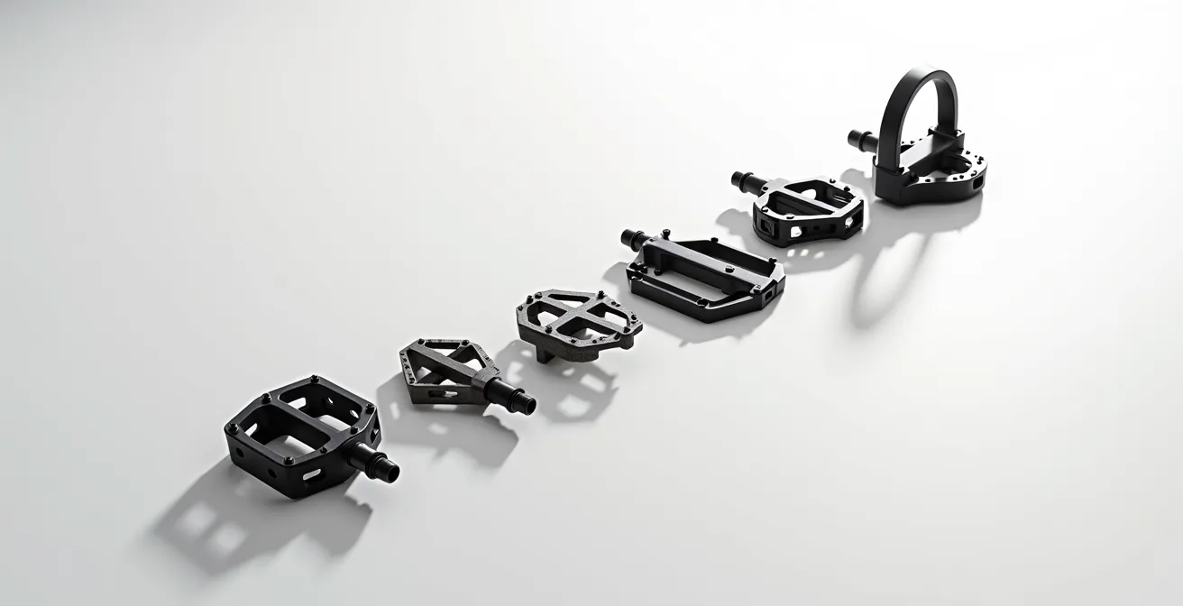 Comparaison visuelle de différents systèmes de pédales et cales de vélo alignés sur une surface plane
