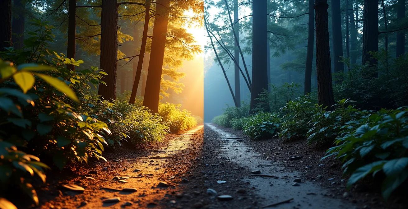 Comparaison visuelle de différentes températures de couleur d'éclairage sur un sentier forestier