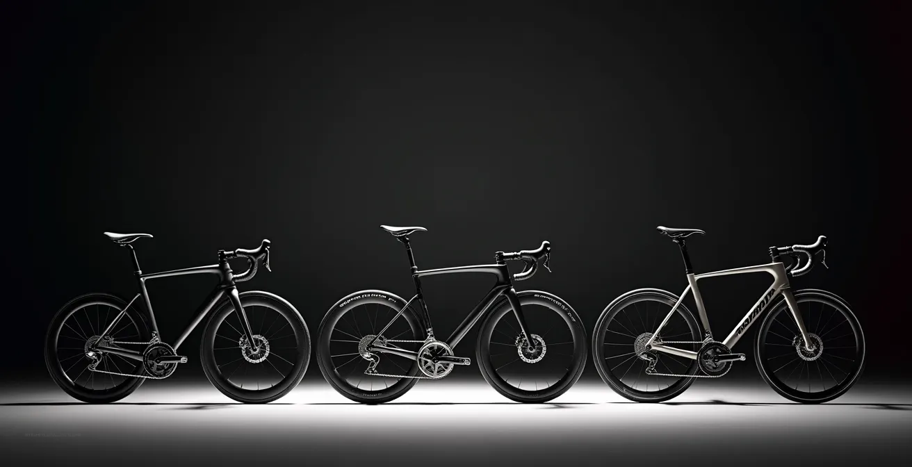 Trois vélos de route alignés montrant les différences de géométrie : aéro, endurance et montagne