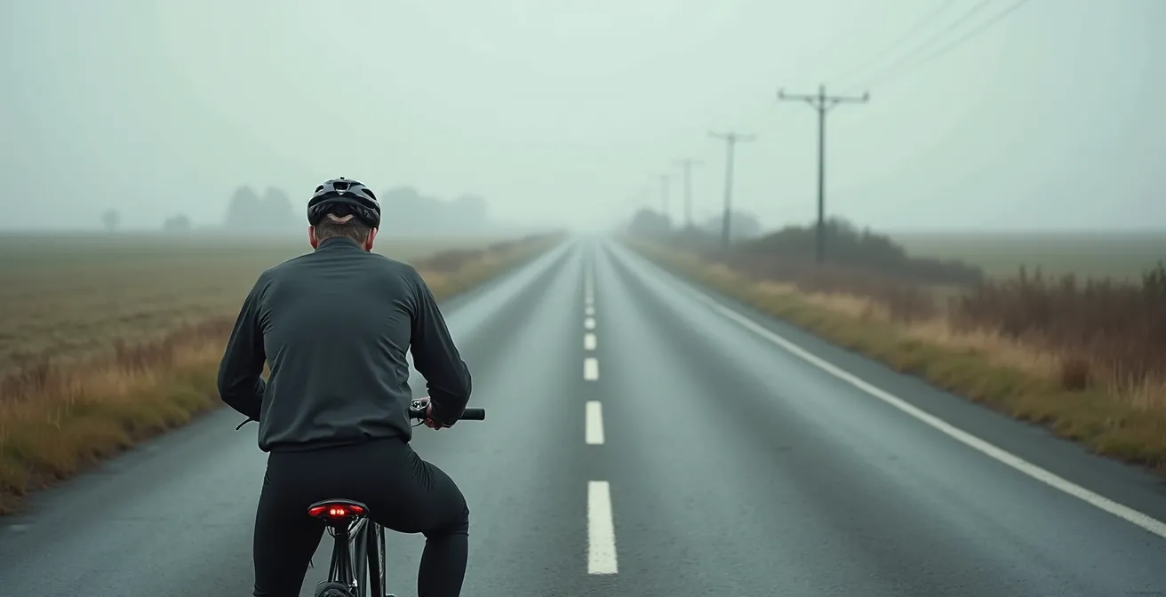Cycliste épuisé assis sur le bord de la route, tête baissée, vélo posé à côté