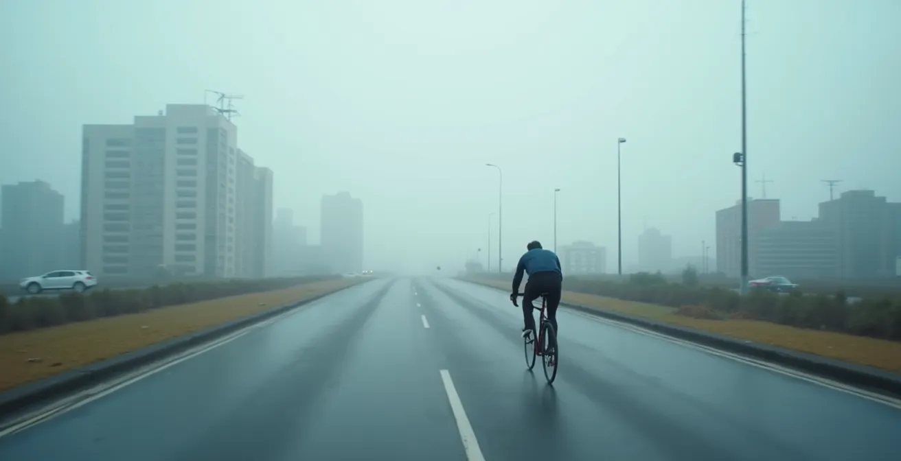 Vue subjective floue d'un cycliste fatigué avec environnement urbain défocalisé
