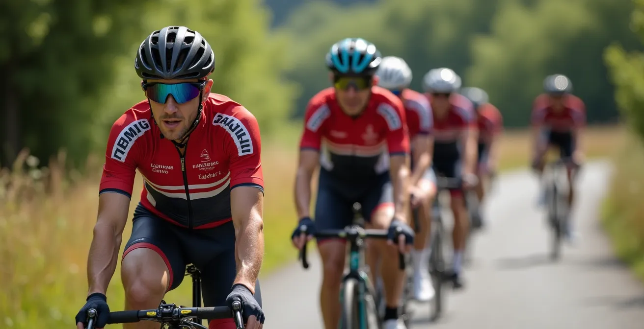 Groupe de cyclistes roulant en peloton sur route départementale française