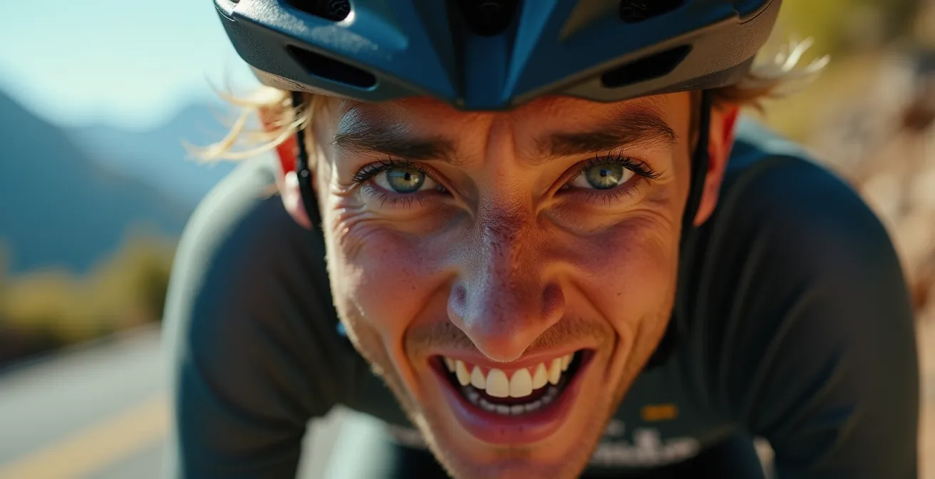 Gros plan sur le visage concentré d'un cycliste dans l'effort, gouttes de sueur perlant sur le front