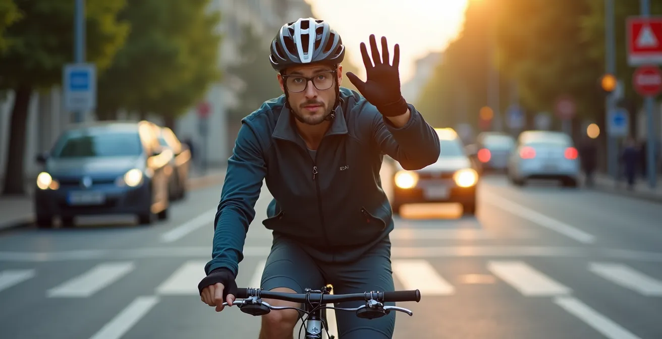 Cycliste en position d'attente prudente à une intersection urbaine française