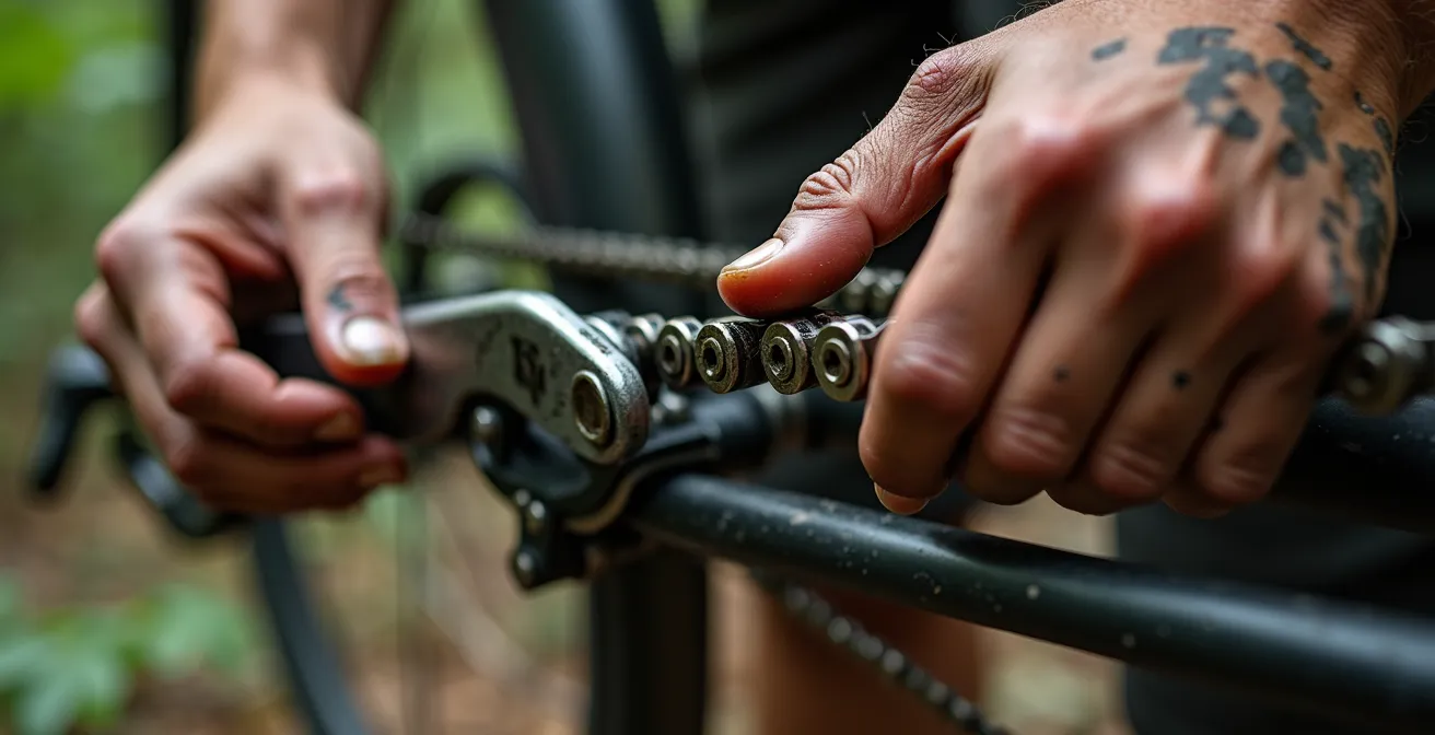 Cycliste réparant son vélo sur un chemin forestier isolé avec outils disposés méthodiquement