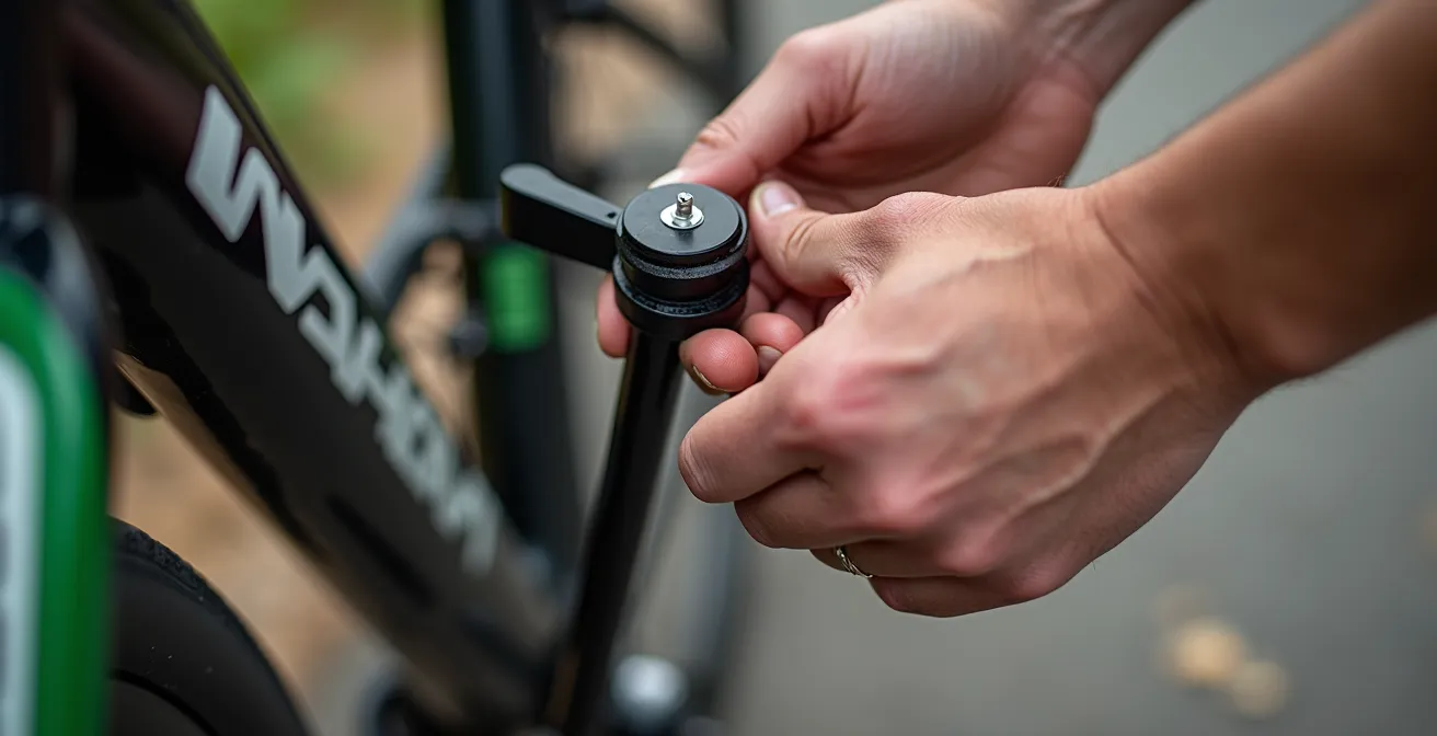 Mains de cycliste utilisant correctement une mini-pompe sur valve de vélo, technique de maintien