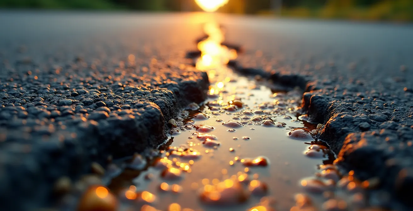 Détail macro de la surface d'une route montrant les traces d'hydrocarbures et fissures