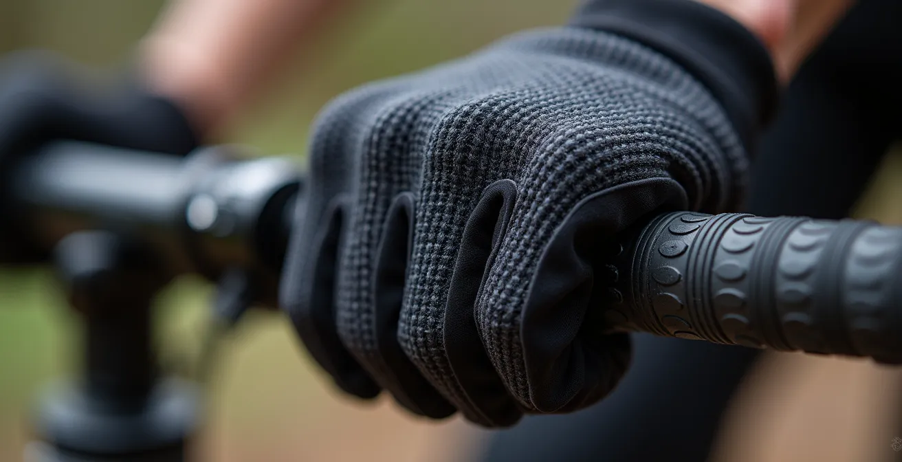 Vue macro d'une main de cycliste sur un guidon, montrant la position ergonomique parfaite des doigts