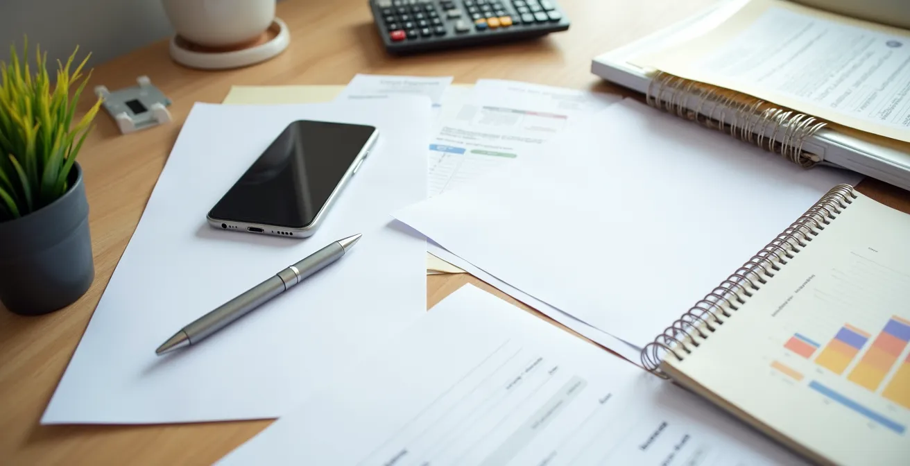 Bureau avec documents organisés pour déclaration de vol de vélo, factures et photos