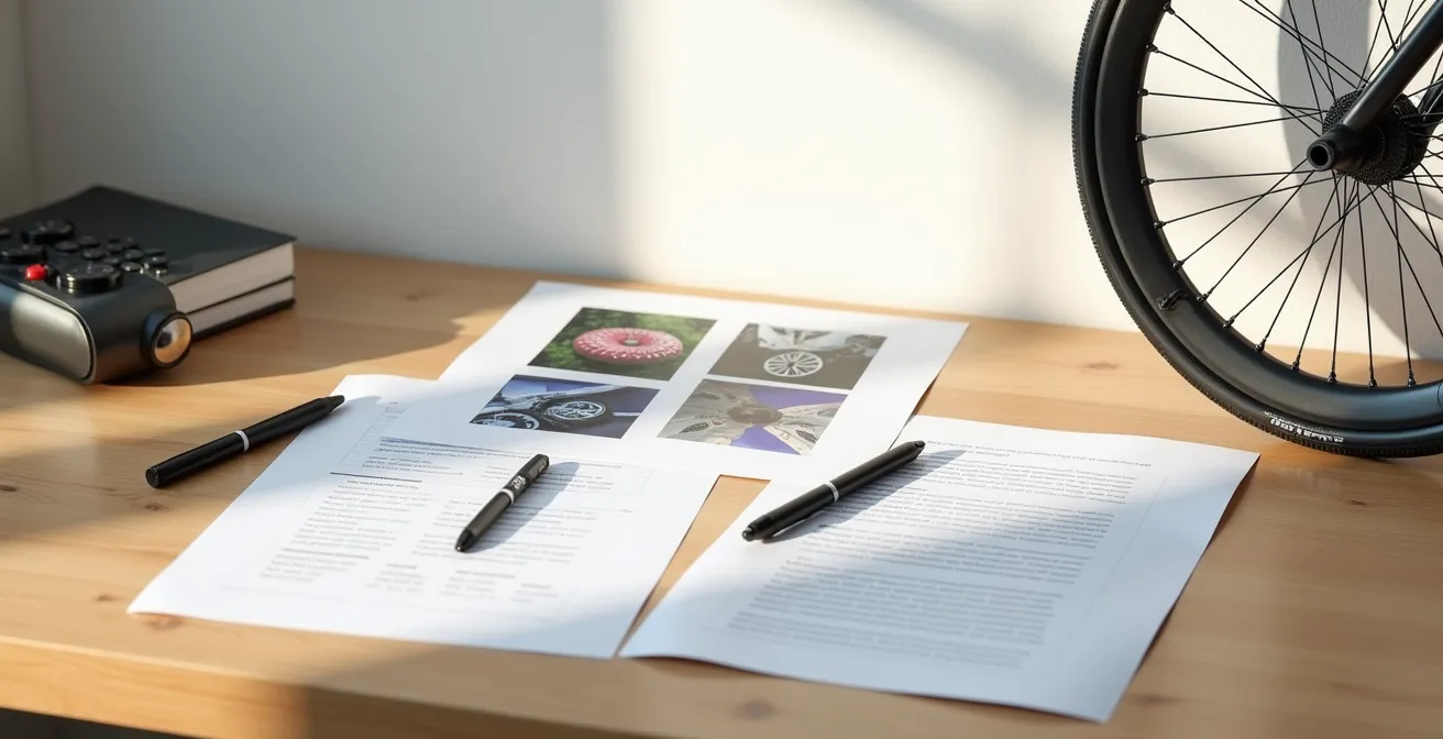 Documentation de sinistre vélo organisée sur une table avec photos et formulaires