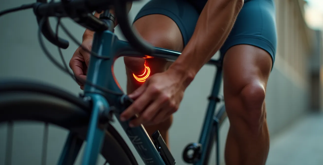 Vue macro détaillée d'un genou de cycliste montrant les zones de tension lors du pédalage