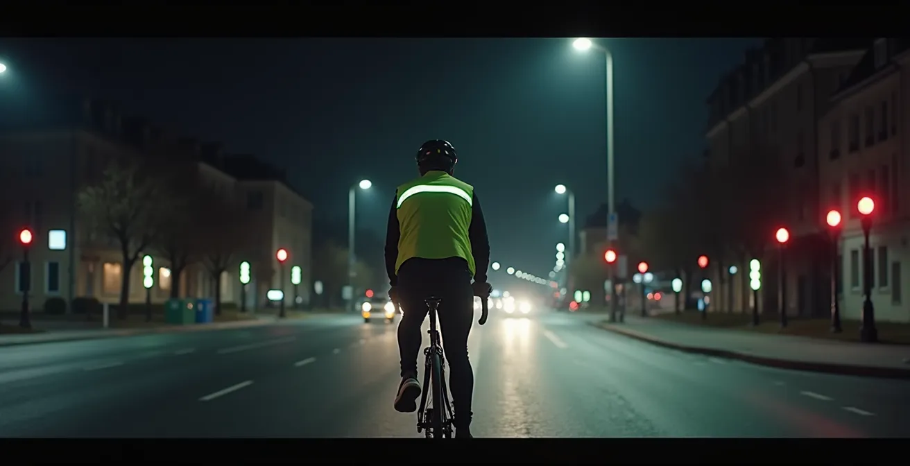 Vue large d'un cycliste à une intersection française la nuit avec éclairages actifs et réflecteurs visibles