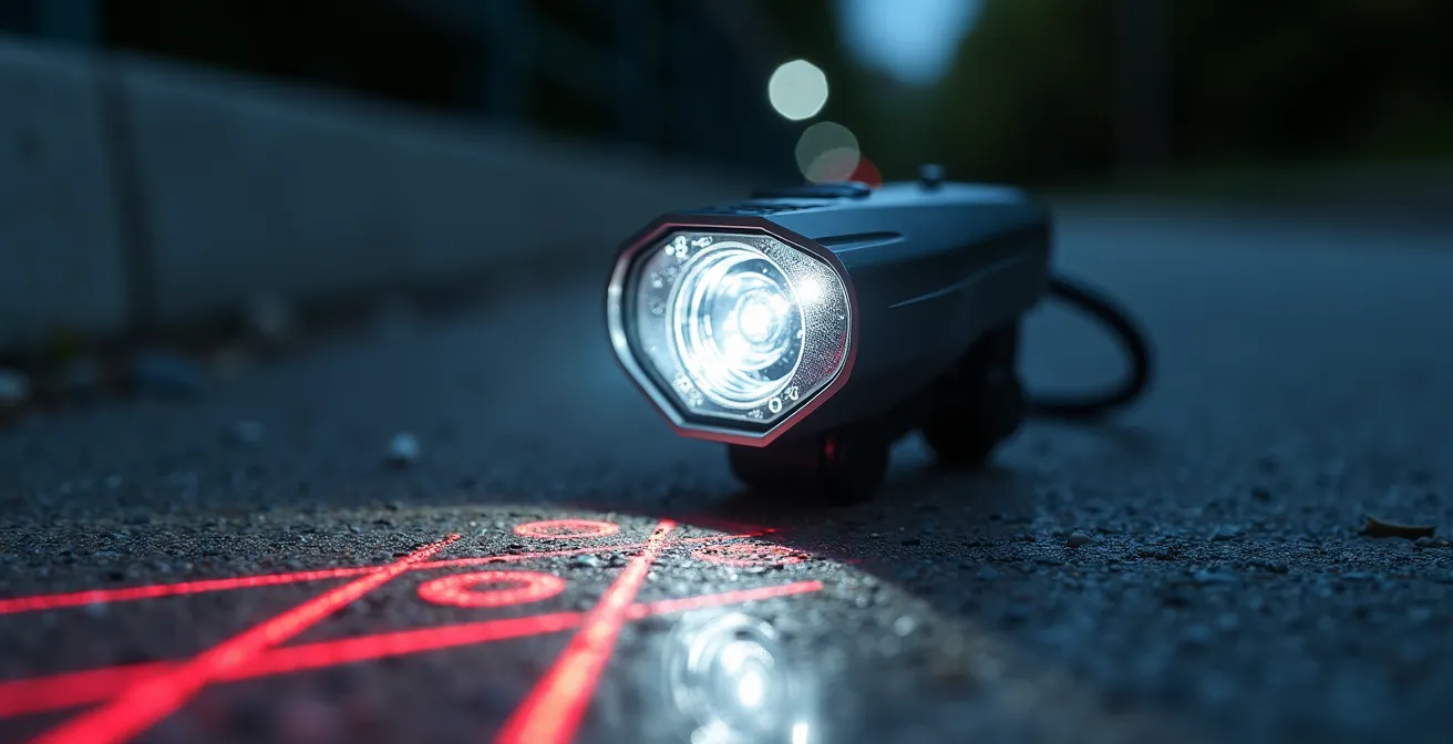Gros plan sur un système d'éclairage vélo intelligent et futuriste avec des capteurs et une projection laser au sol.
