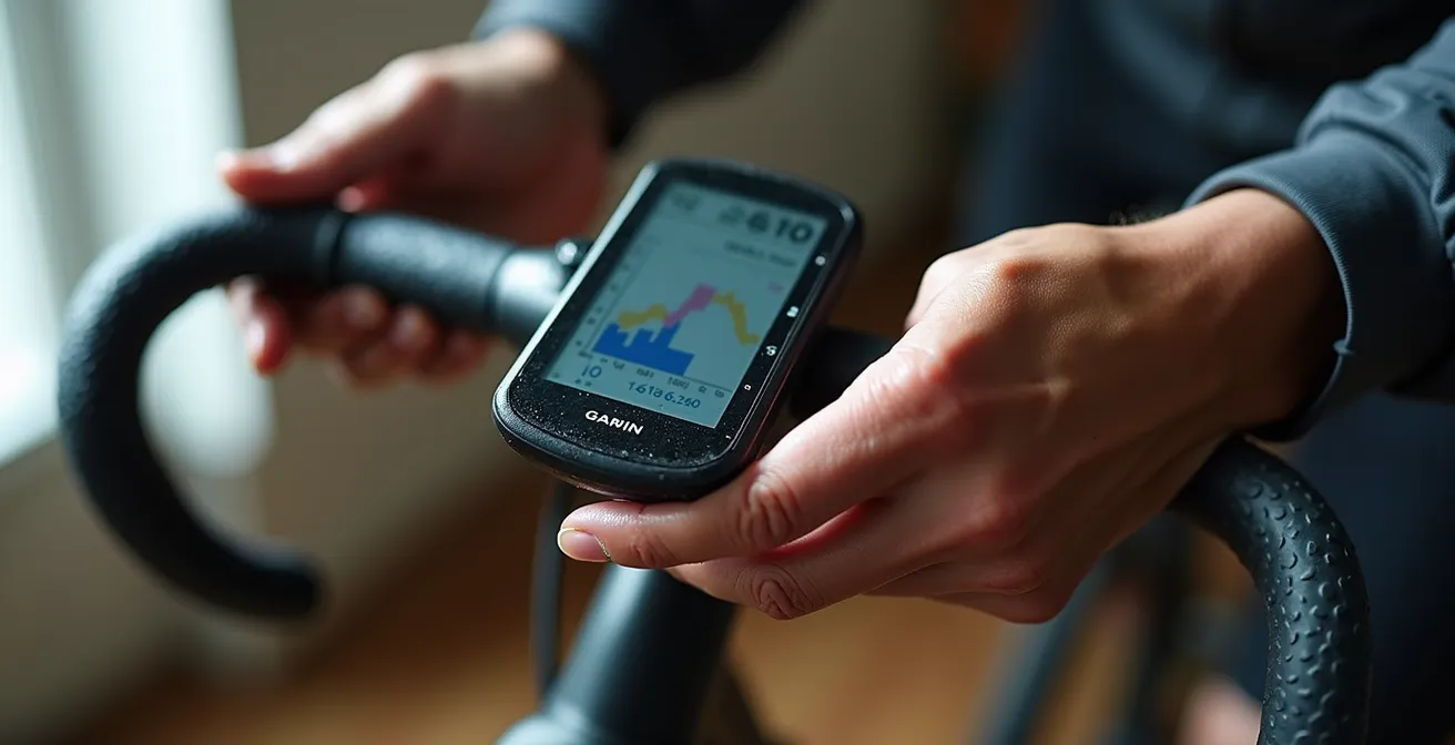 Cycliste VTT analysant ses données d'entraînement sur compteur GPS après une séance intensive