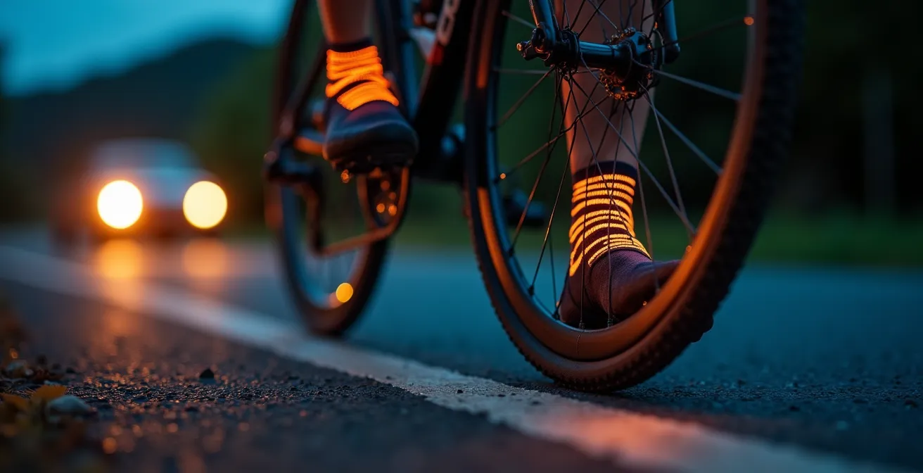 Détail macro sur bandes réfléchissantes de cheville en mouvement sous éclairage urbain