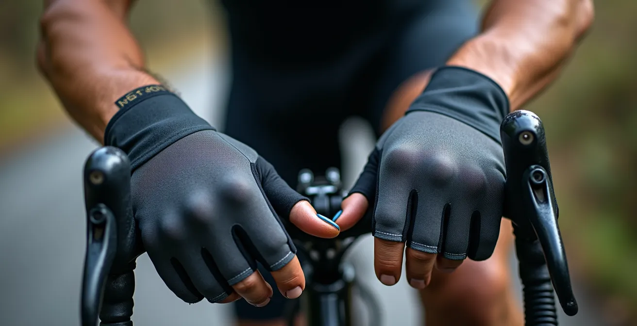 Gros plan sur les mains d'un cycliste faisant des signes tactiques à ses coéquipiers