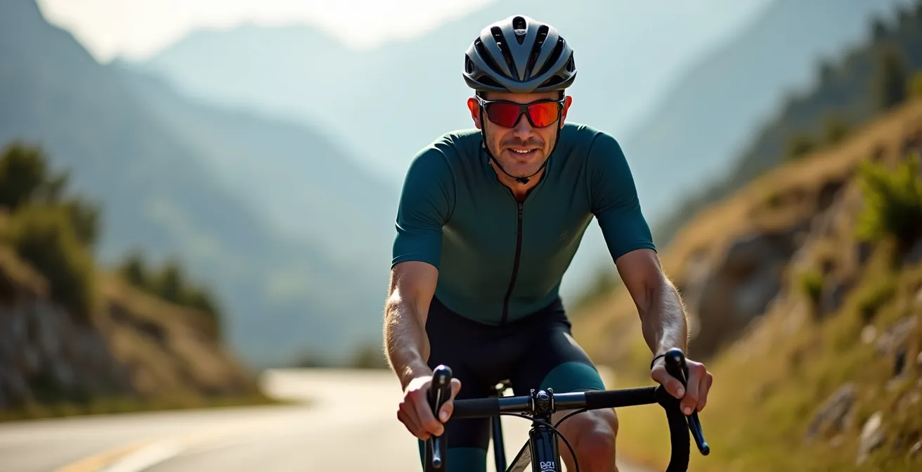 Cycliste en montée avec position du cintre optimisée pour la respiration et l'ouverture de la cage thoracique