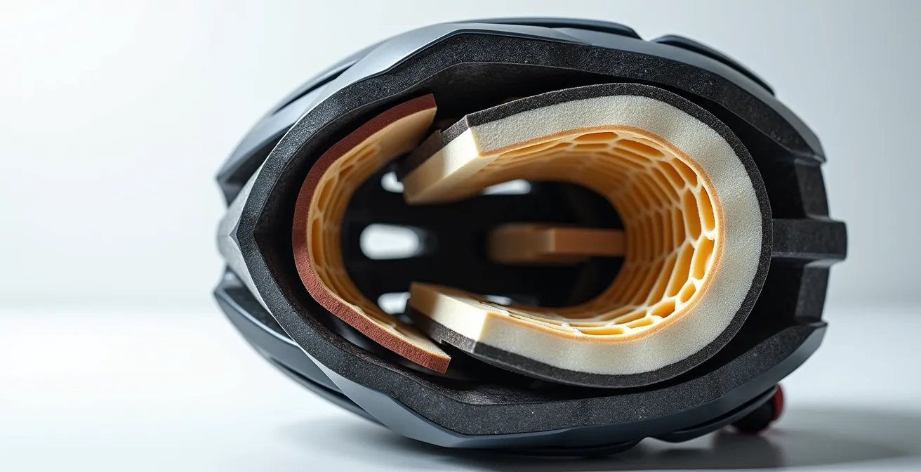 Vue en coupe macroscopique d'un casque montrant les couches de protection et la déformation lors d'un impact