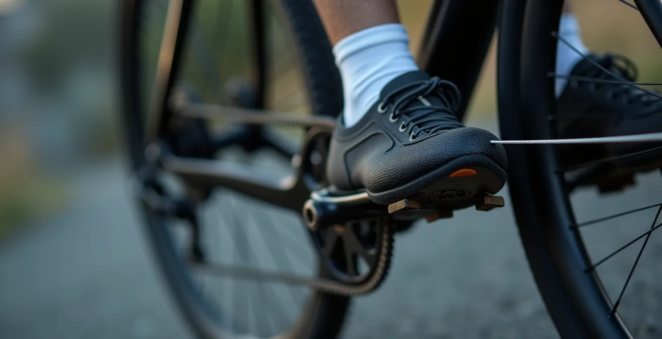 Détail macro du fil à plomb aligné avec l'axe de pédale et le genou d'un cycliste