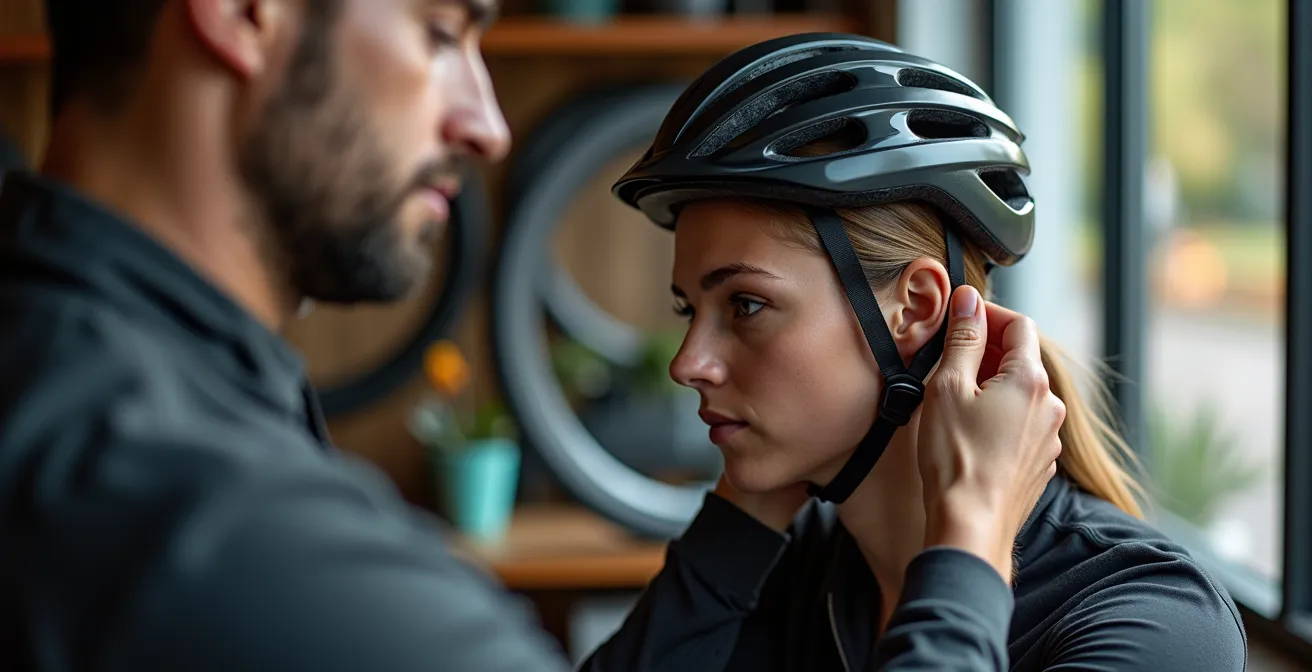 Cycliste en profil ajustant avec précision le système de rétention de son casque dans un éclairage naturel.