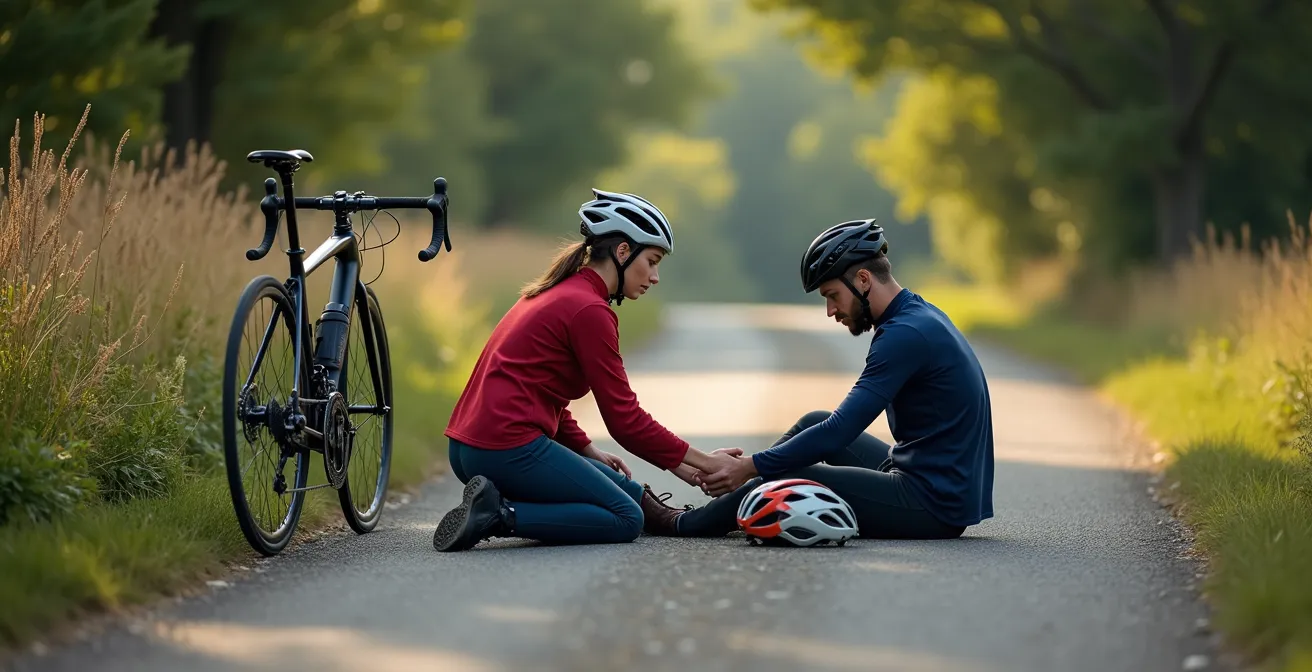 Secouriste évaluant un cycliste après une chute sur route française