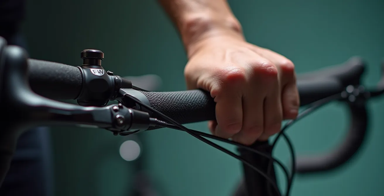 Vue macro détaillée de l'alignement parfait entre avant-bras, poignet et main sur les cocottes de frein