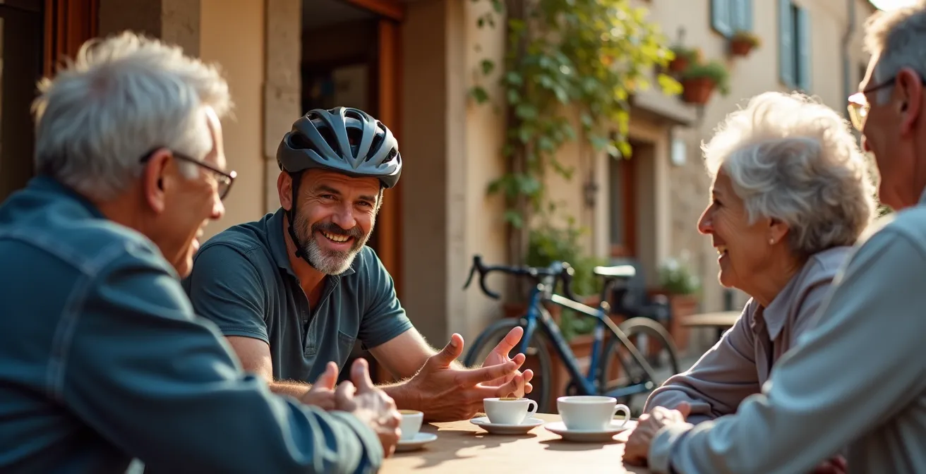 Cycliste discutant avec des locaux devant un café de village français typique
