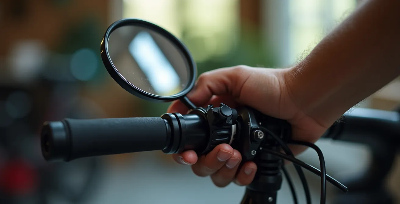 Main ajustant un rétroviseur sur guidon de vélo, gros plan technique
