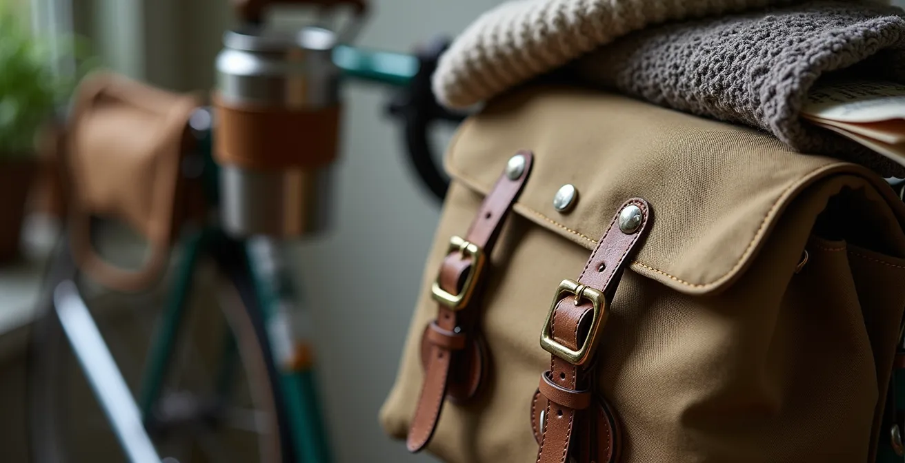 Vue macro détaillée de sacoches de vélo artisanales avec équipement de voyage minimaliste