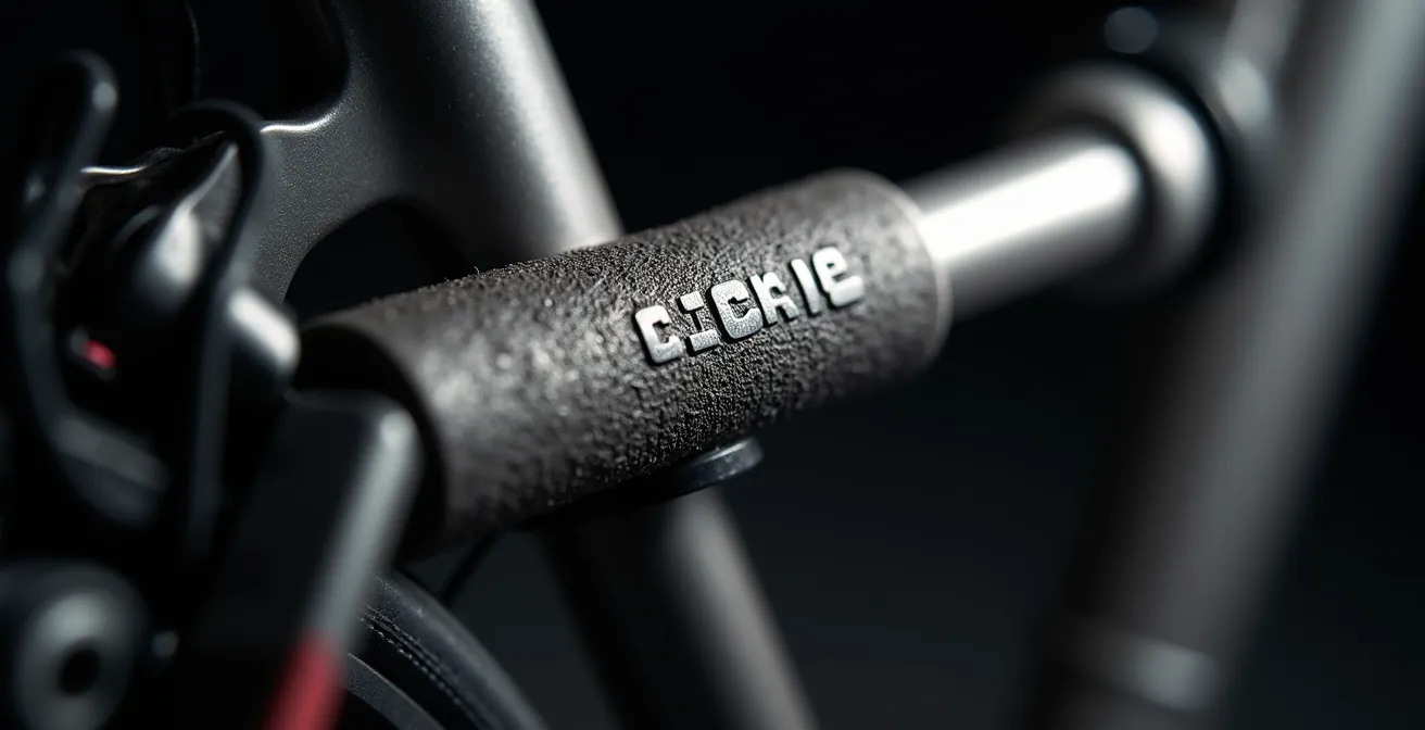Détail macro d'un antivol FUB certifié avec gravure Bicycode sur un cadre de vélo