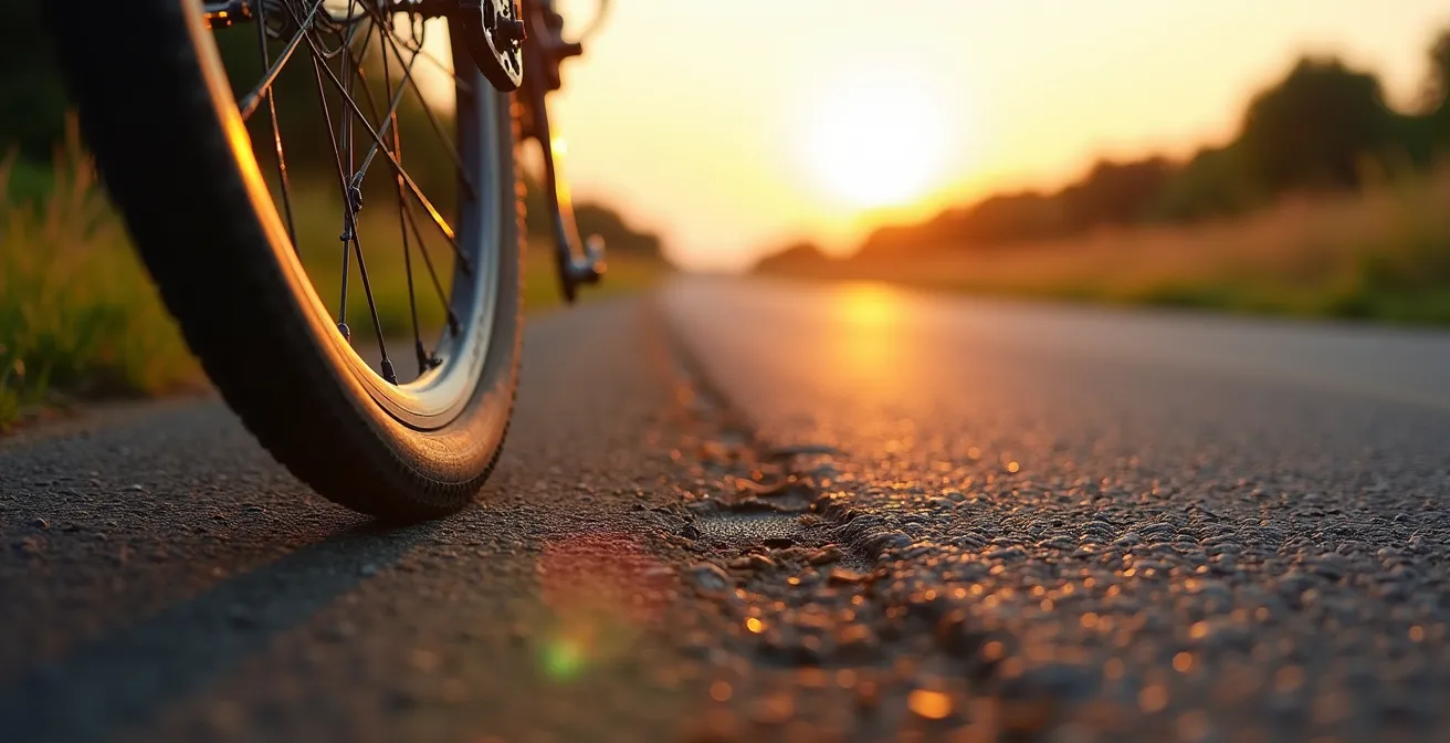 Vue macro de la surface de contact d'un pneu vélo sur la route