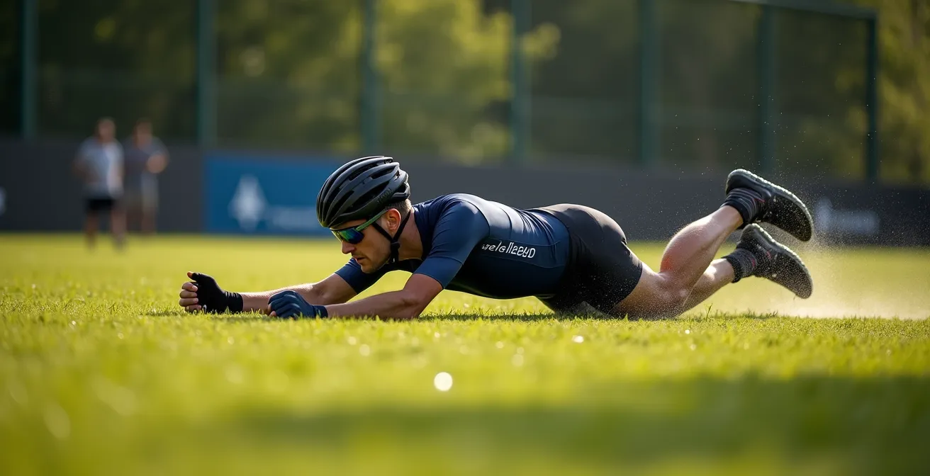 Cycliste démontrant la technique de roulade protectrice lors d'une chute contrôlée