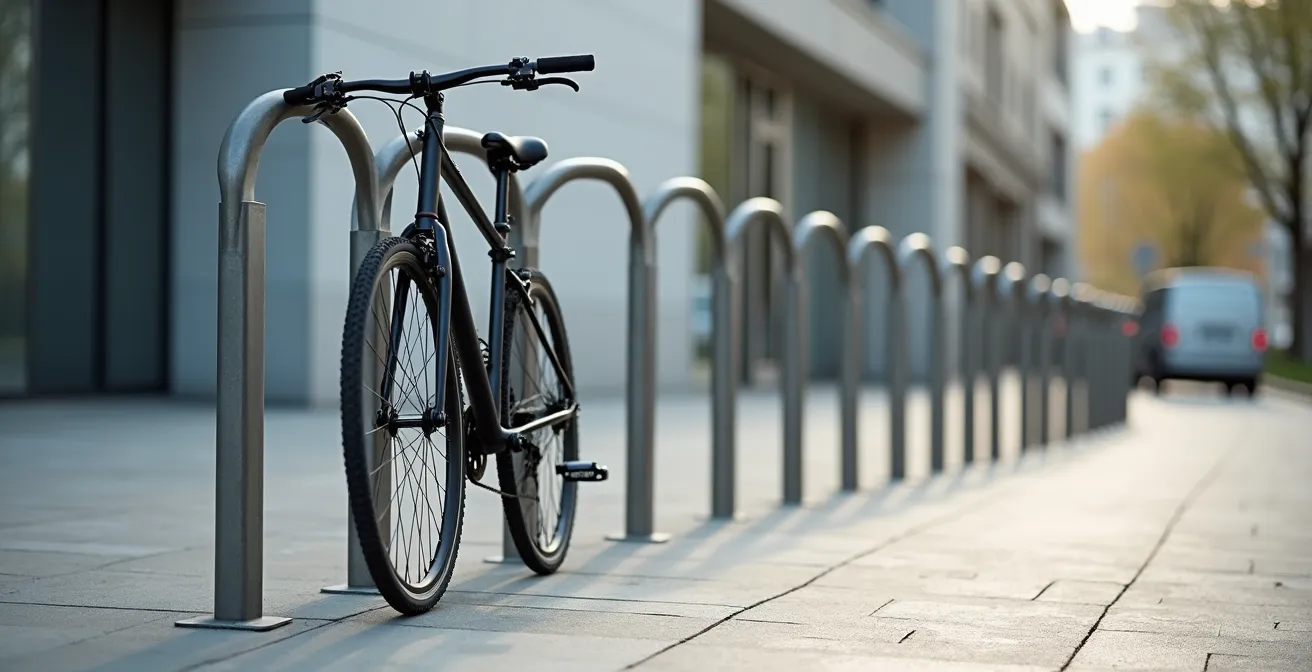 Démonstration de la technique du double ancrage avec antivol U et chaîne sur un arceau urbain