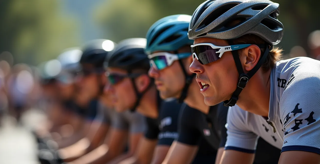 Train de sprinters en formation serrée dans les derniers kilomètres d'une étape