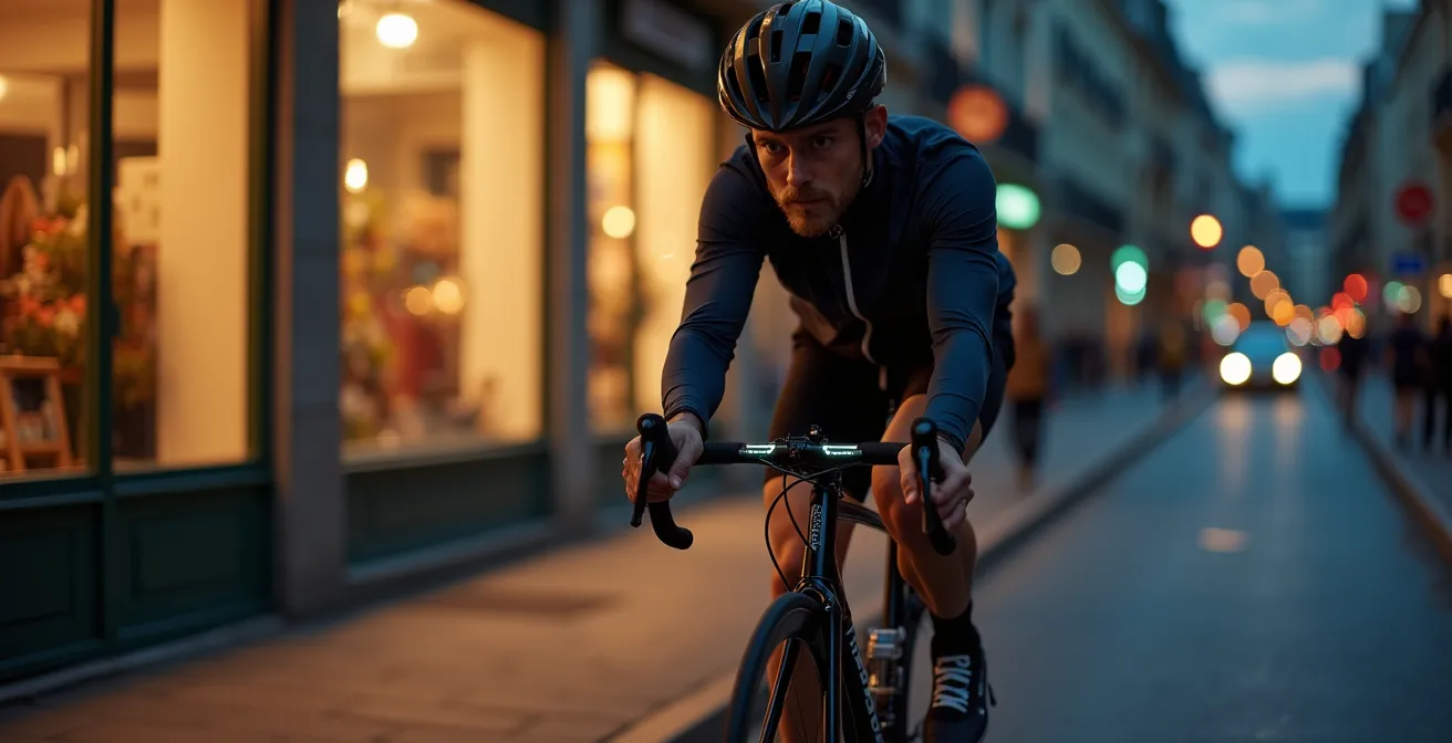 Vue latérale d'un cycliste montrant le triangle de visibilité avec réflecteurs sur casque, cadre et cheville