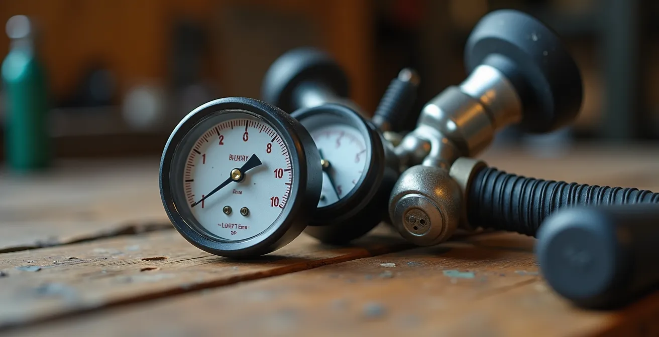 Trois types de pompes à vélo disposées sur une surface en bois : pompe à pied, mini-pompe et cartouche CO2