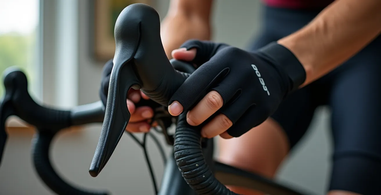Gros plan sur les mains d'un cycliste tenant le cintre avec position naturelle et détendue