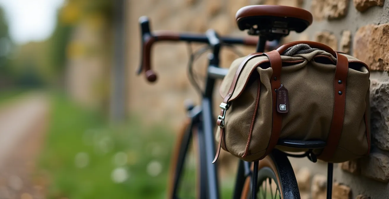 Vélo de randonnée équipé de sacoches minimalistes posé contre un muret de pierre en campagne française