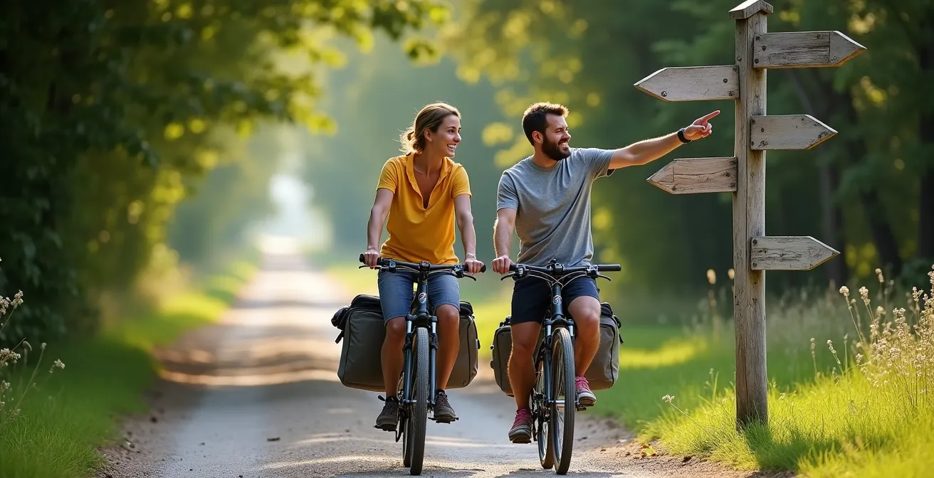 Cyclistes sur une voie verte française bordée d'arbres avec signalisation directionnelle
