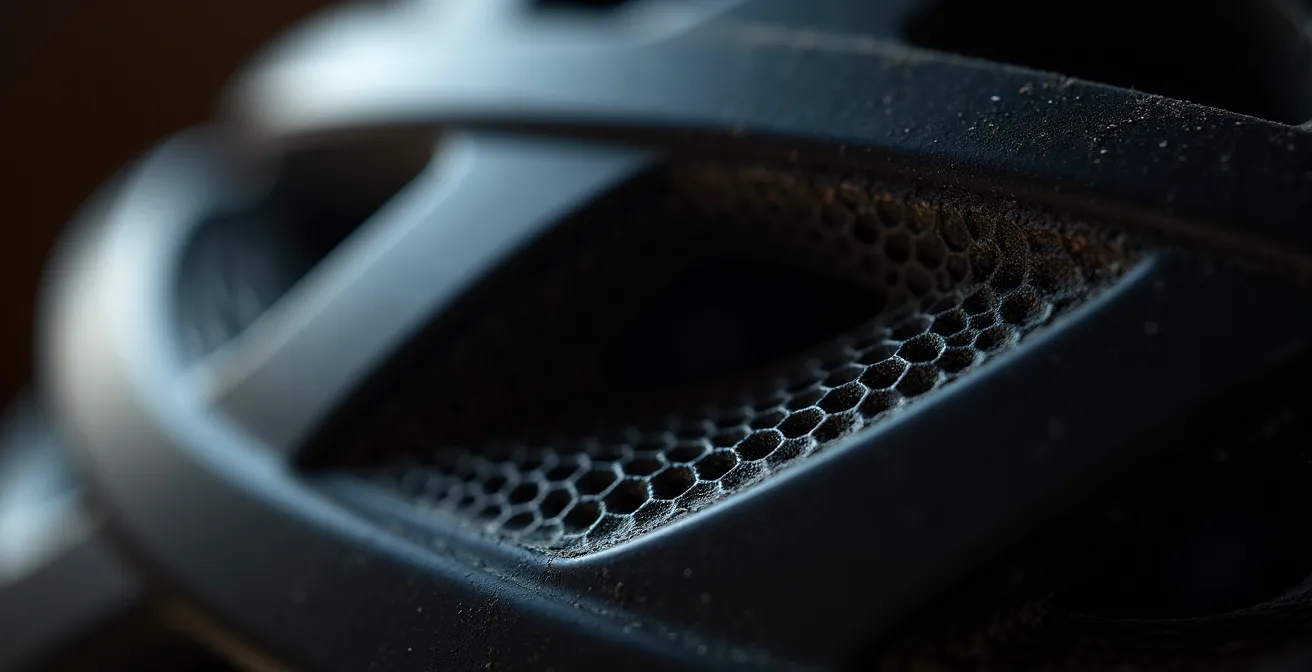 Vue macro très détaillée des canaux de ventilation d'un casque de vélo, montrant la précision de l'ingénierie.