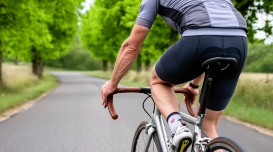 Cycliste route vérifiant sa position sur le vélo, vue trois-quarts montrant la posture bras-épaules