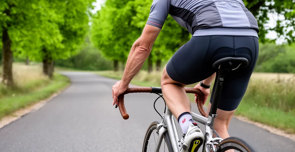 Cycliste route vérifiant sa position sur le vélo, vue trois-quarts montrant la posture bras-épaules