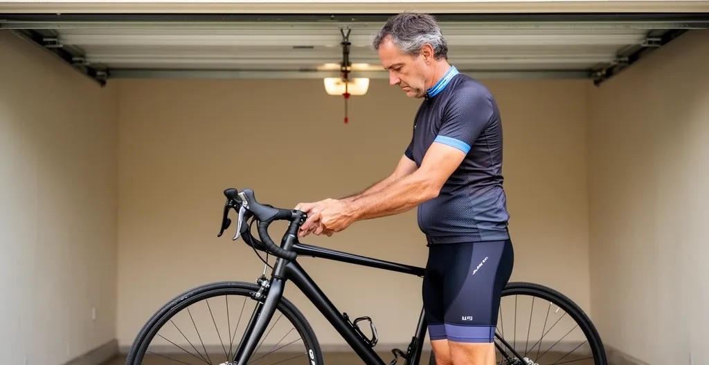 Cycliste vérifiant sa position vélo dans un garage résidentiel